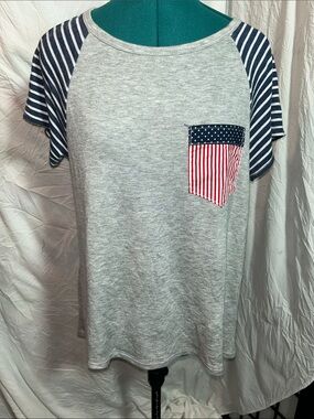 ODDY Grey Raglan Tee with Navy Stripe Sleeves and American Flag Pocket size L